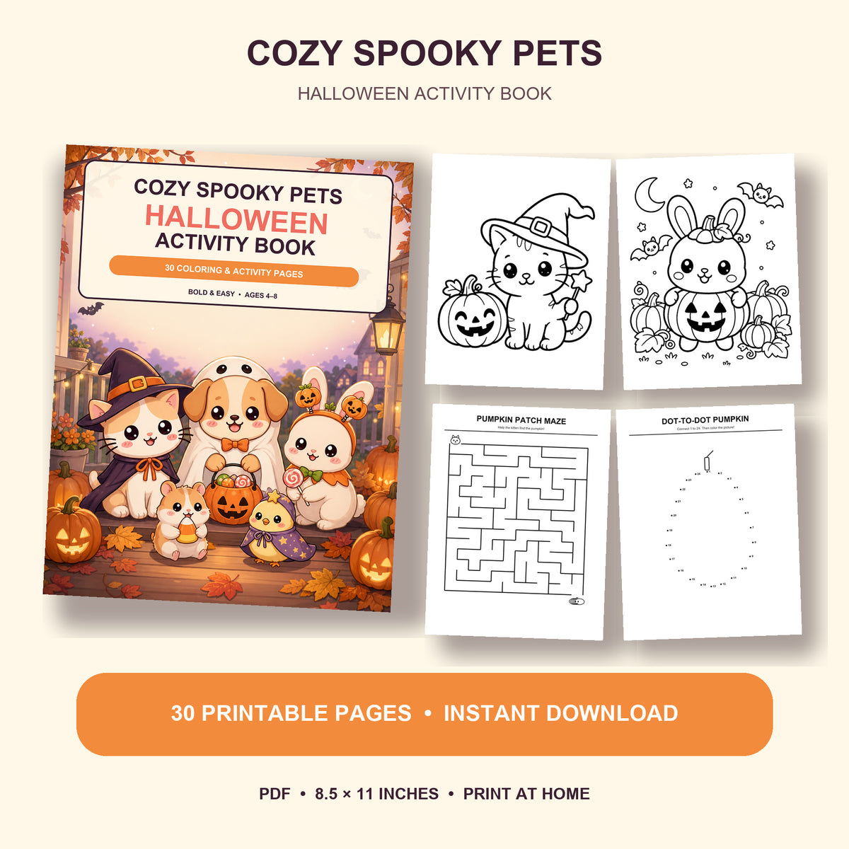 Cozy Spooky Pets Halloween Activity Book – 30 Printable Pages