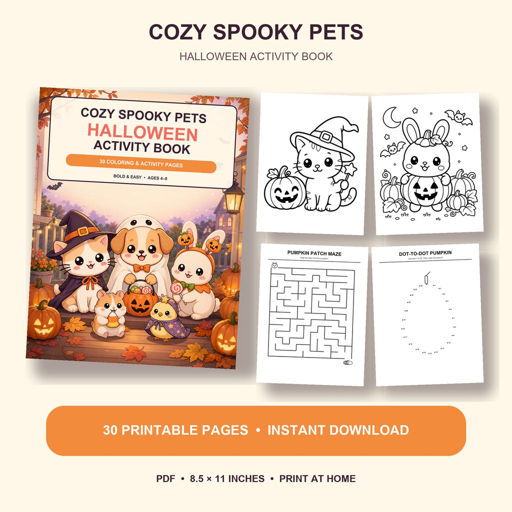 Cozy Spooky Pets Halloween Activity Book - 30 printable pages