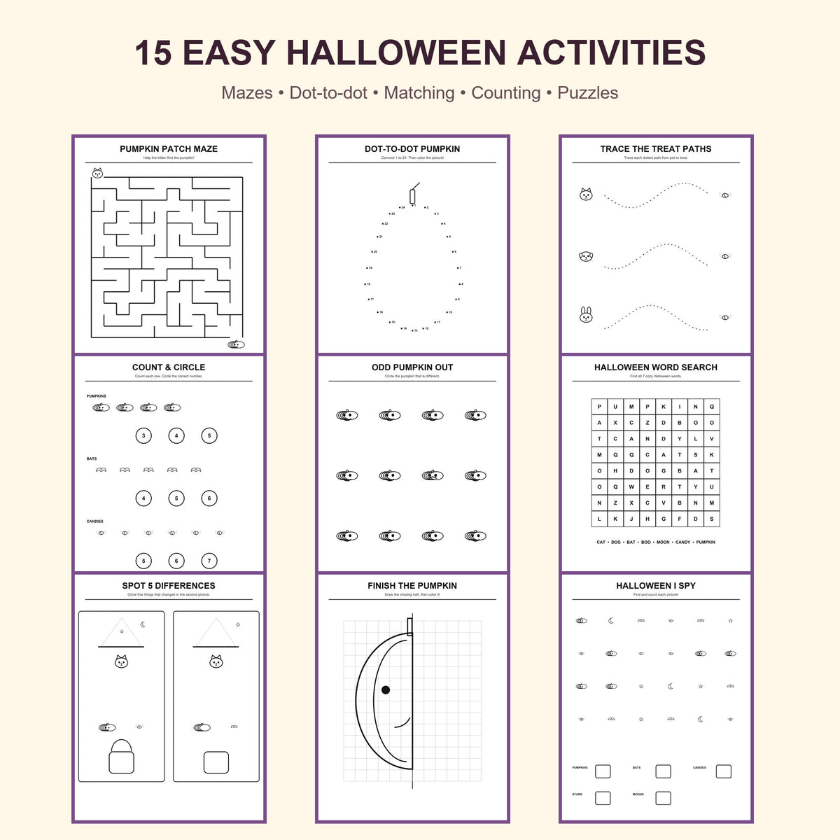 Mazes, dot-to-dot and puzzle activity pages