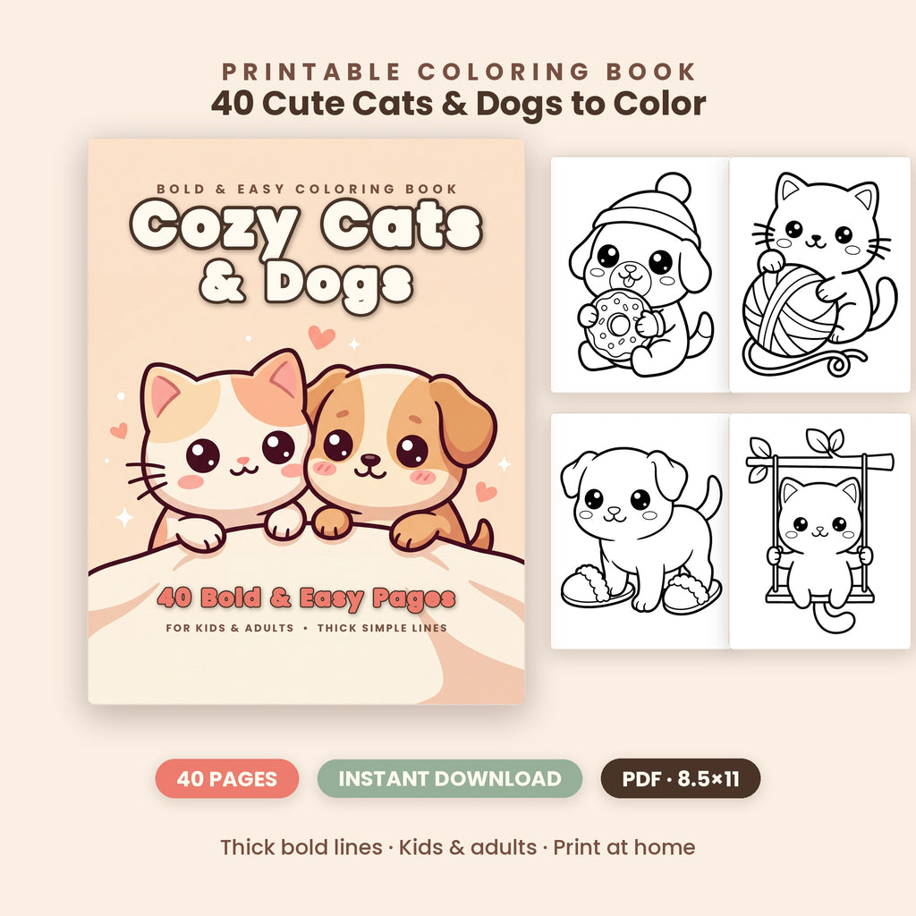 Cozy Pets Coloring Bundle — 70 Bold & Easy Printable Pages