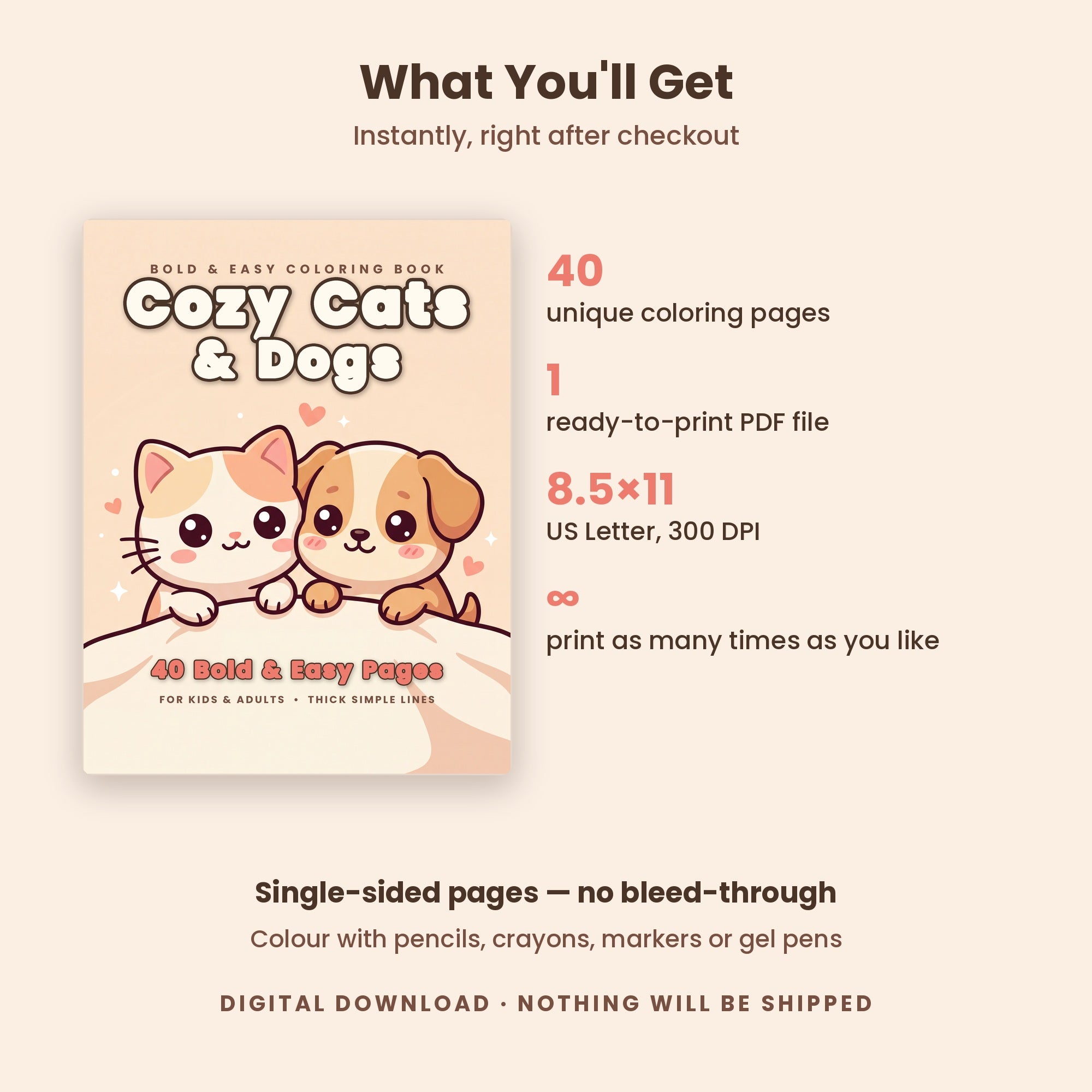 Cozy Cats & Dogs — 40 Bold & Easy Printable Coloring Pages