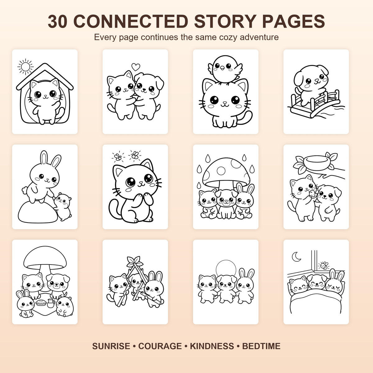 A spread of the 30 bold & easy coloring pages with thick clean outlines and big open spaces