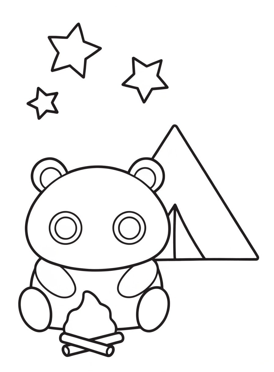 Sample page: bear cub at a campfire beside a tent