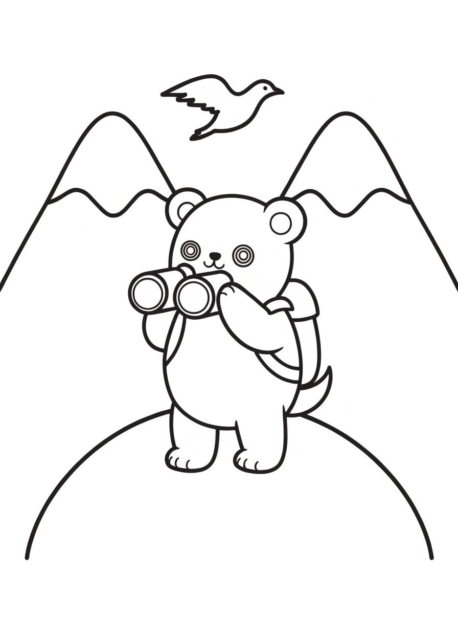 Sample page: puppy explorer with binoculars on a hill