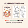Cozy Birthday Pets printable coloring book — 30 cute birthday pages to color