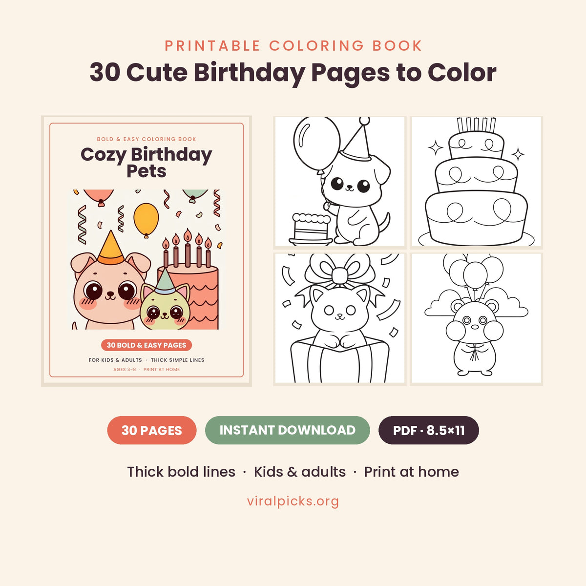 Cozy Birthday Pets printable coloring book — 30 cute birthday pages to color