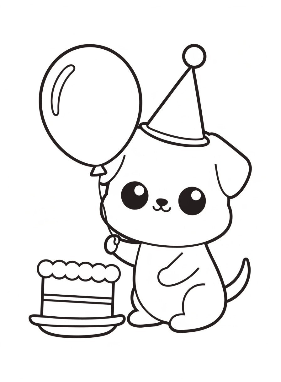 Sample page: puppy in a party hat with a balloon and cake