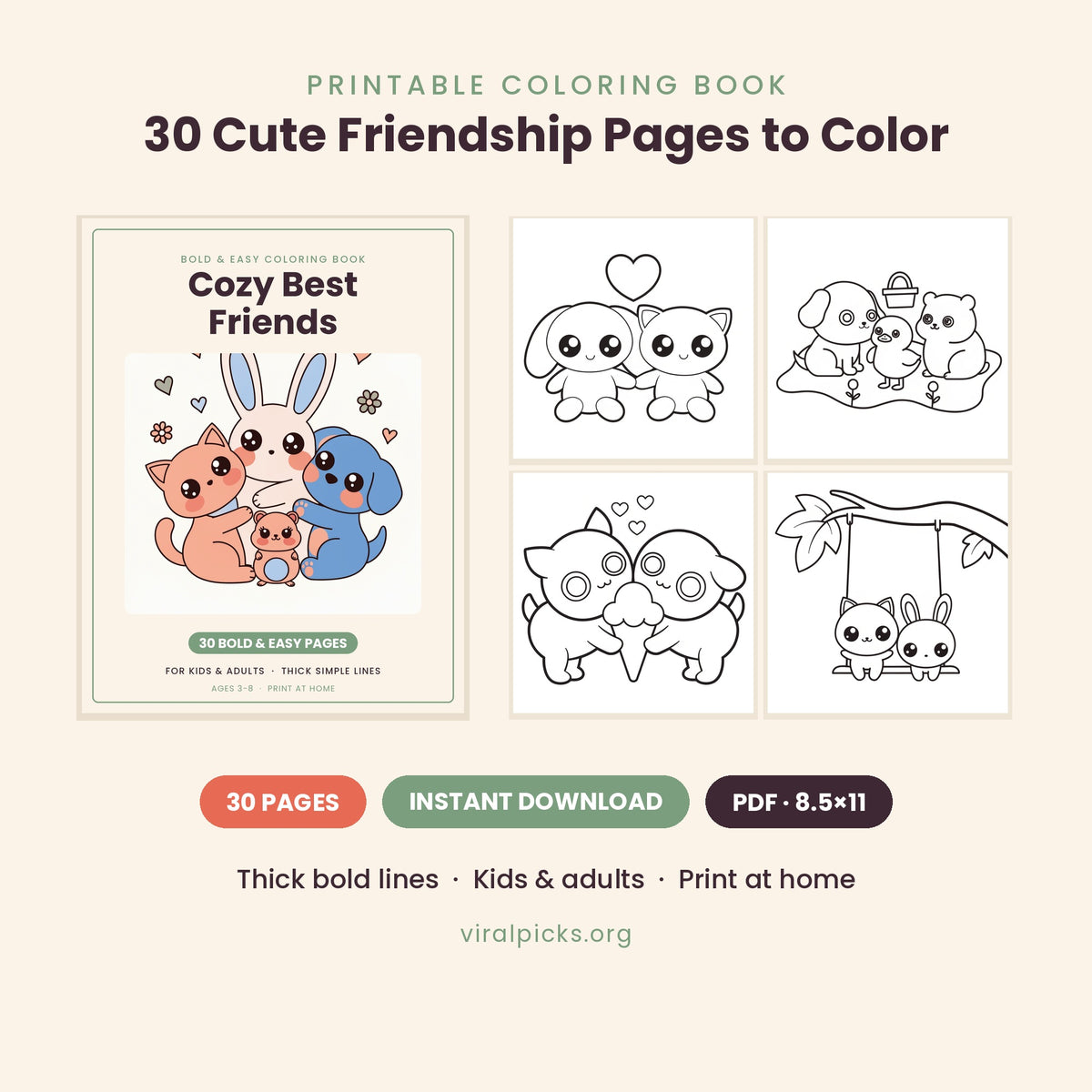 Cozy Best Friends printable coloring book — 30 cute friendship pages to color