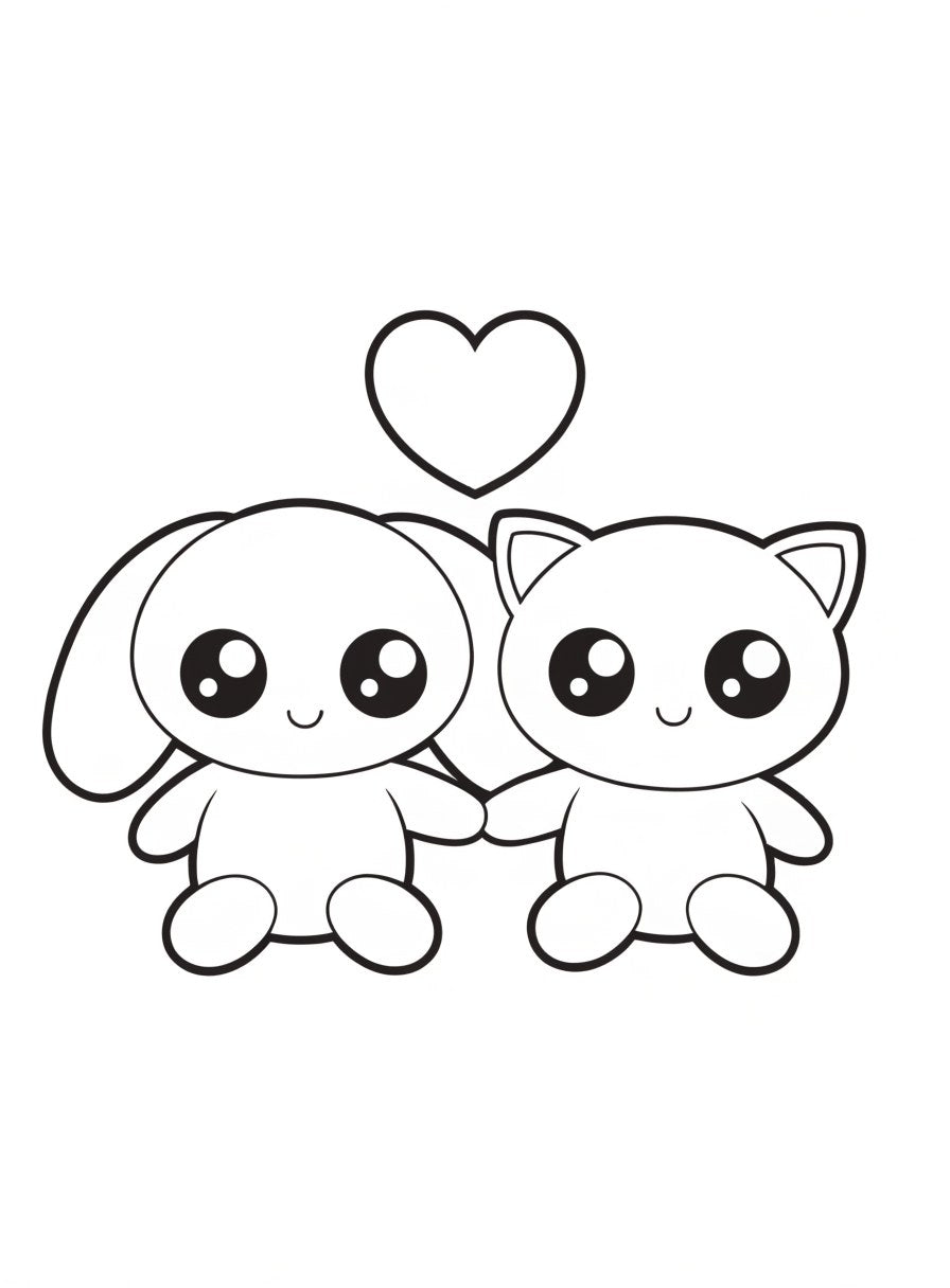 Sample page: bunny and kitten holding paws under a heart