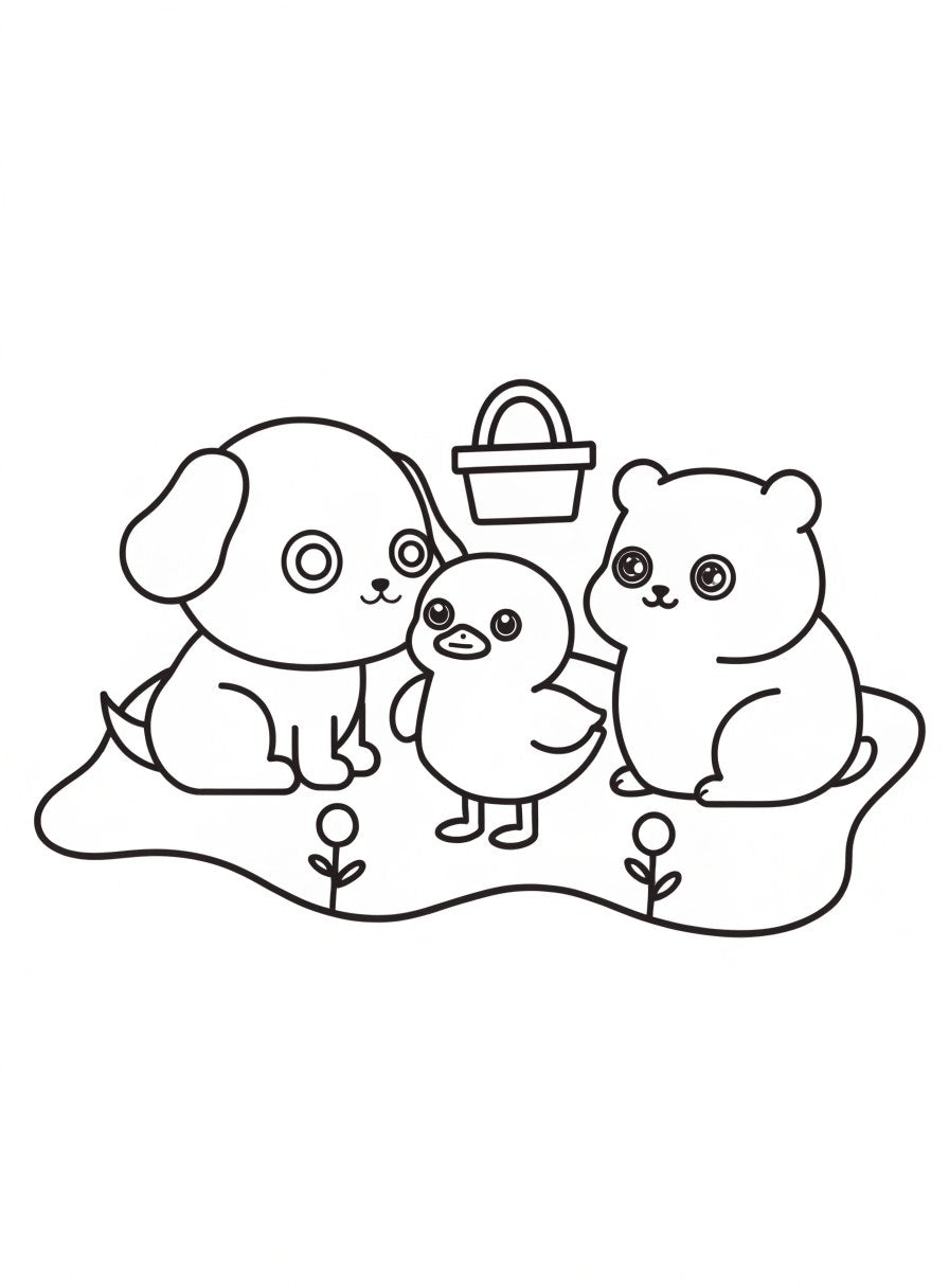 Sample page: puppy, duckling and hamster sharing a picnic