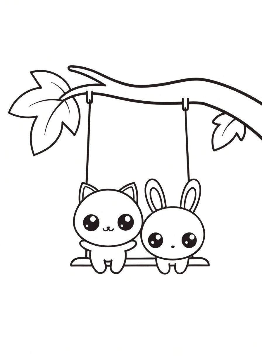 Sample page: kitten and bunny on a tree swing