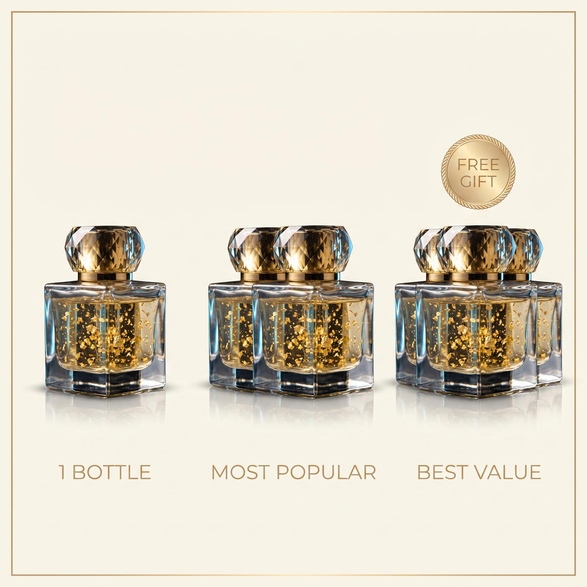 GOLD-01 pack options: 1 bottle, 2 bottles most popular, 3 bottles best value with free gift