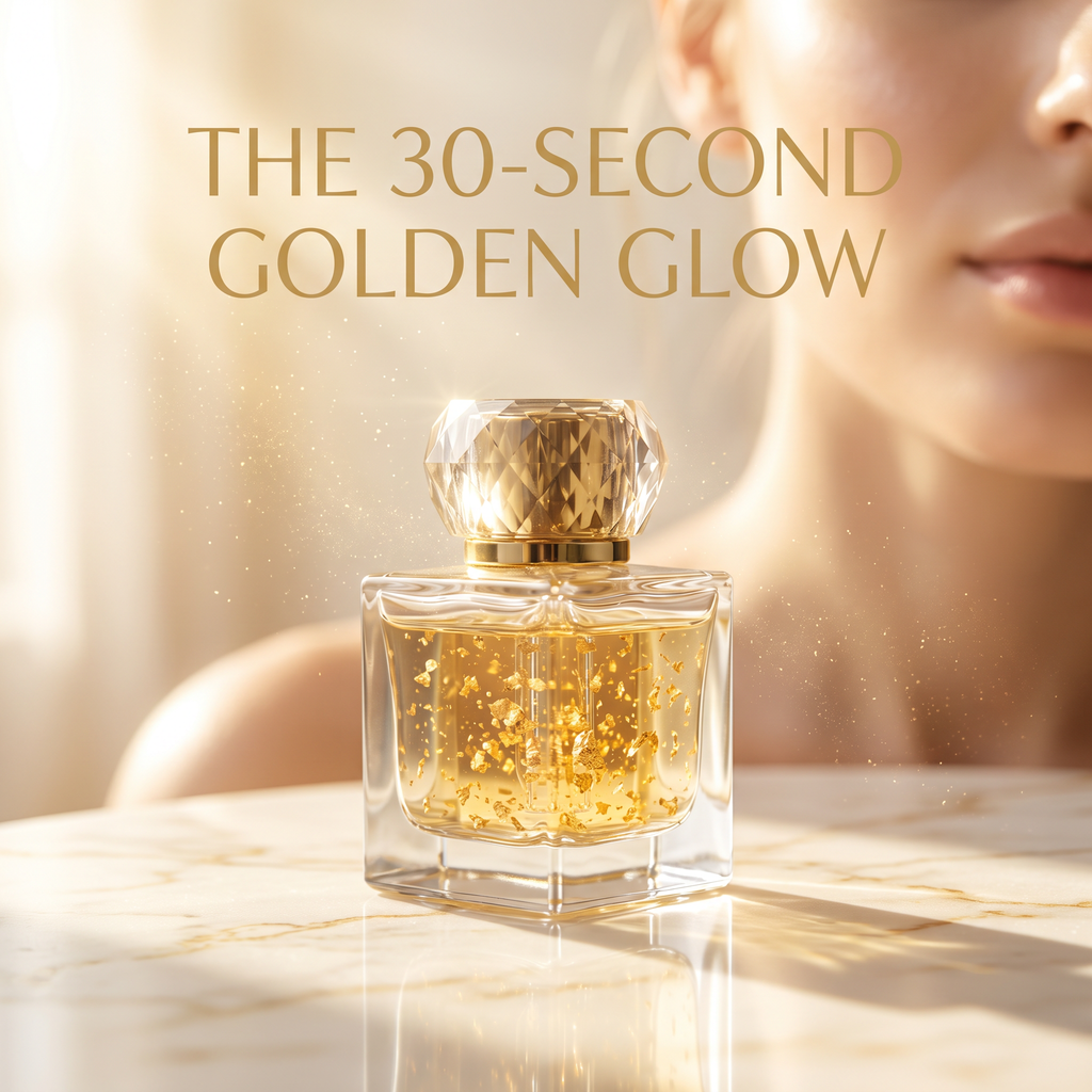 GOLD-01 Golden Glow Serum bottle in warm light — the 30-second golden glow