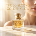 GOLD-01 Golden Glow Serum bottle in warm light — the 30-second golden glow